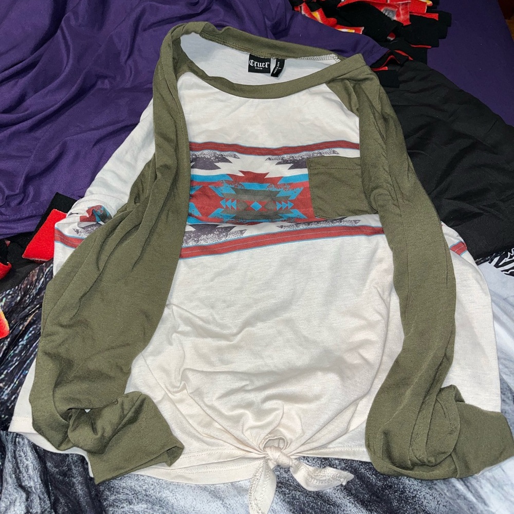 Green white red blue long sleeve western shirt